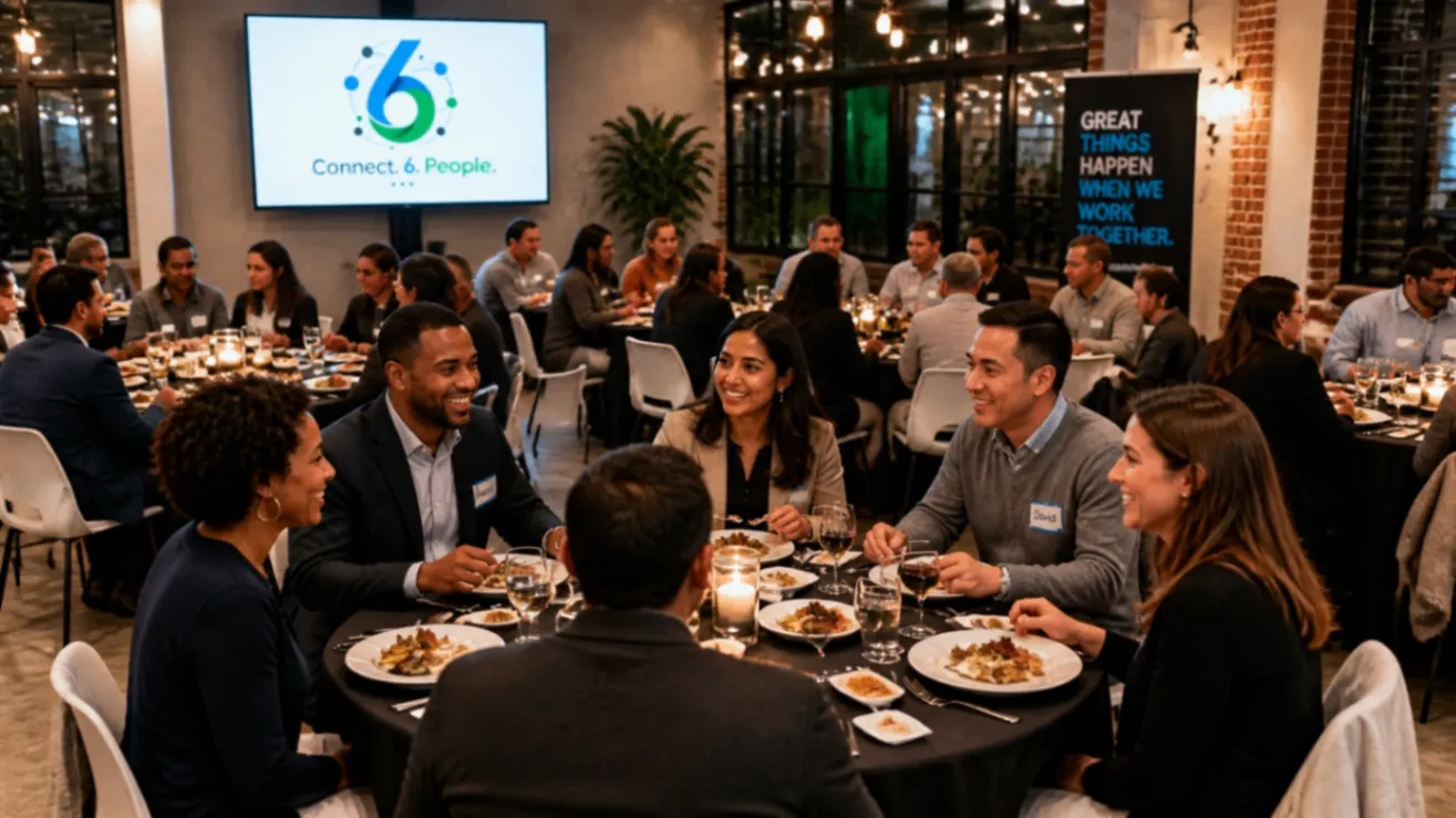 Professionals connecting over dinner at a Connect. 6. People. networking event.